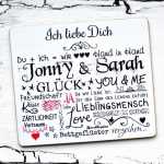 Hochzeitsschild ICH LIEBE DICH Textcollage WUNSCHNAMEN + DATUM 13 x 13 cm (SAH+D) Holz