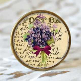 Möbelknopf Vintage Blume lila alt Messing brüniert (altgoldener Look)