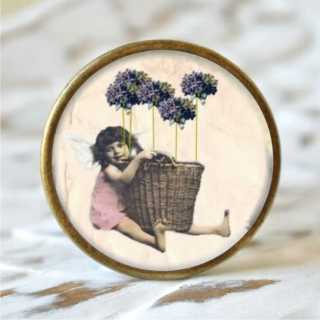Möbelknopf Metallknauf Girl Purple Flower alt Messing brüniert (altgoldener Look)