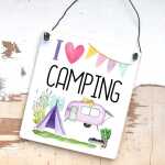Campingschild I love Camping mit Wohnwagen-Motiv 13 x 13 (SAH+D) Holz