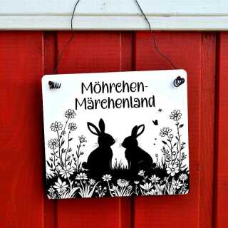 Personalisierbares Schild für den Hasenstall – Möhrchen-Märchenland mit Kaninchen-Namen, wetterfestes Hasenschild aus Aluverbundplatte