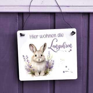 Dekoschild für den Hasenstall – „Hier wohnen die Langohren“, wetterfestes Kaninchen Schild mit abgerundeten Ecken