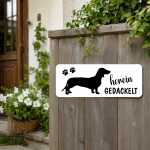 Dackel Schild mit lustigem Spruch hereingedackelt – Alu Türschild 25 x 10 cm für Dackelfans | Silhouette schwarz