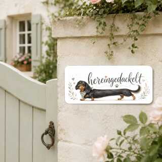 Dackel Schild „hereingedackelt“ mit Langhaardackel schwarz – Alu Türschild 25 x 10 cm