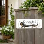 Dackel Schild „hereingedackelt“ mit Langhaardackel schwarz – Alu Türschild 25 x 10 cm
