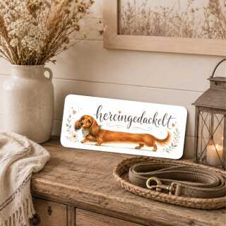 Hundeschild für Dackel-Fans – Hereingedackelt Fuchsdackel Schild aus Alu - Langhaardackel rot fuchsfarben
