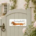 Hundeschild für Dackel-Fans – Hereingedackelt Fuchsdackel Schild aus Alu - Langhaardackel rot fuchsfarben