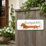 Hundeschild für Dackel-Fans – Hereingedackelt Fuchsdackel Schild aus Alu - Langhaardackel rot fuchsfarben