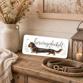 Hundeschild für Dackel-Fans – Hereingedackelt Dackel Schild aus Alu - Langhaardackel braun