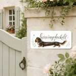 Hundeschild für Dackel-Fans – Hereingedackelt Dackel Schild aus Alu - Langhaardackel braun