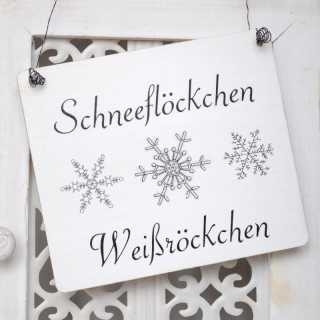 Winterliches Holzschild SCHNEEFL&Ouml;CKCHEN WEISSR&Ouml;CKCHEN 11 x 9,5 x 0,4 cm