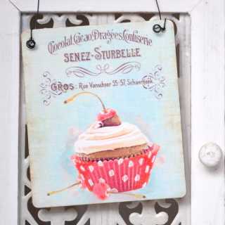 Cupcake Dekoschild CHERRY aus Holz im Shabby Chic 11 x 9,5 x 0,4 cm